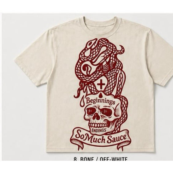 SoMuchSauce Beginnings Tee — Bone / Blood Red Ink
