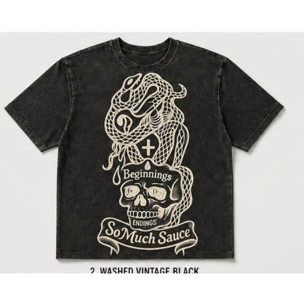SoMuchSauce Beginnings Tee — Washed Vintage Black / Off-White Ink