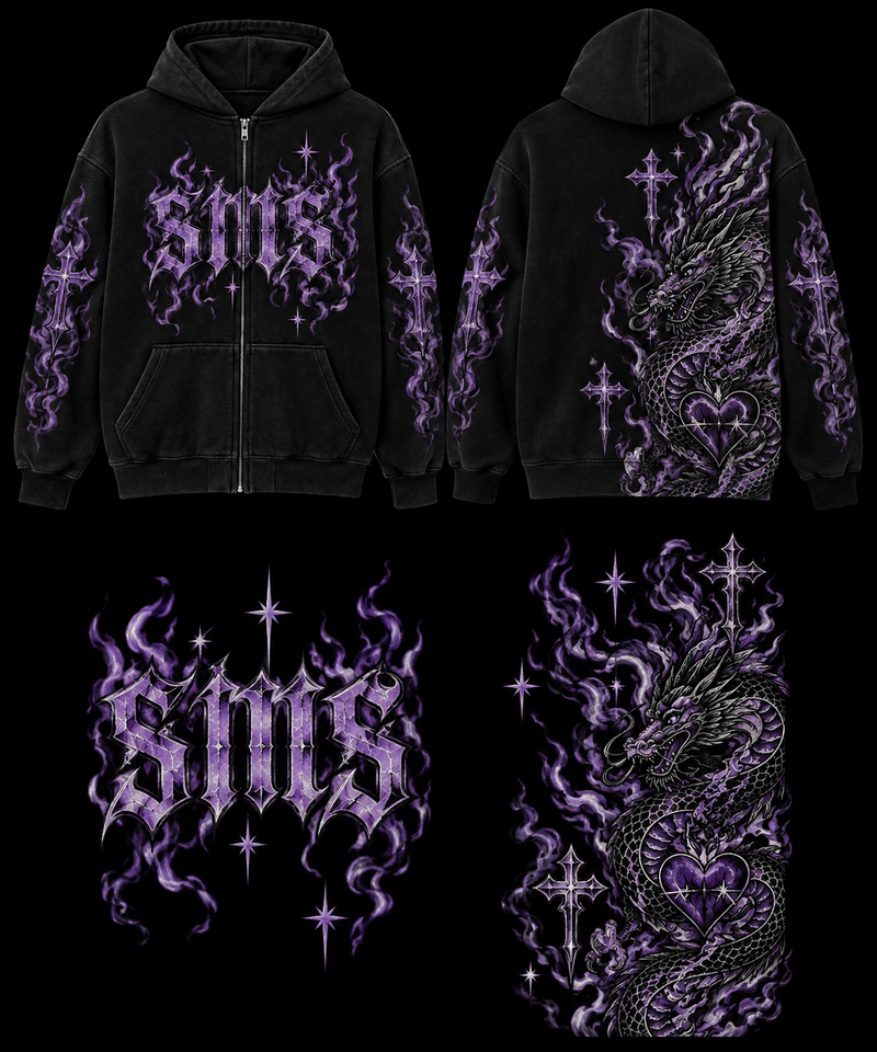 Black Violet Serpent Graphic Zip-Up Hoodie