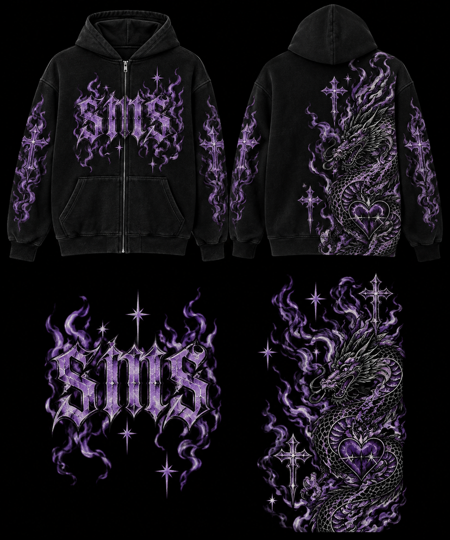 Black Violet Serpent Graphic Zip-Up Hoodie