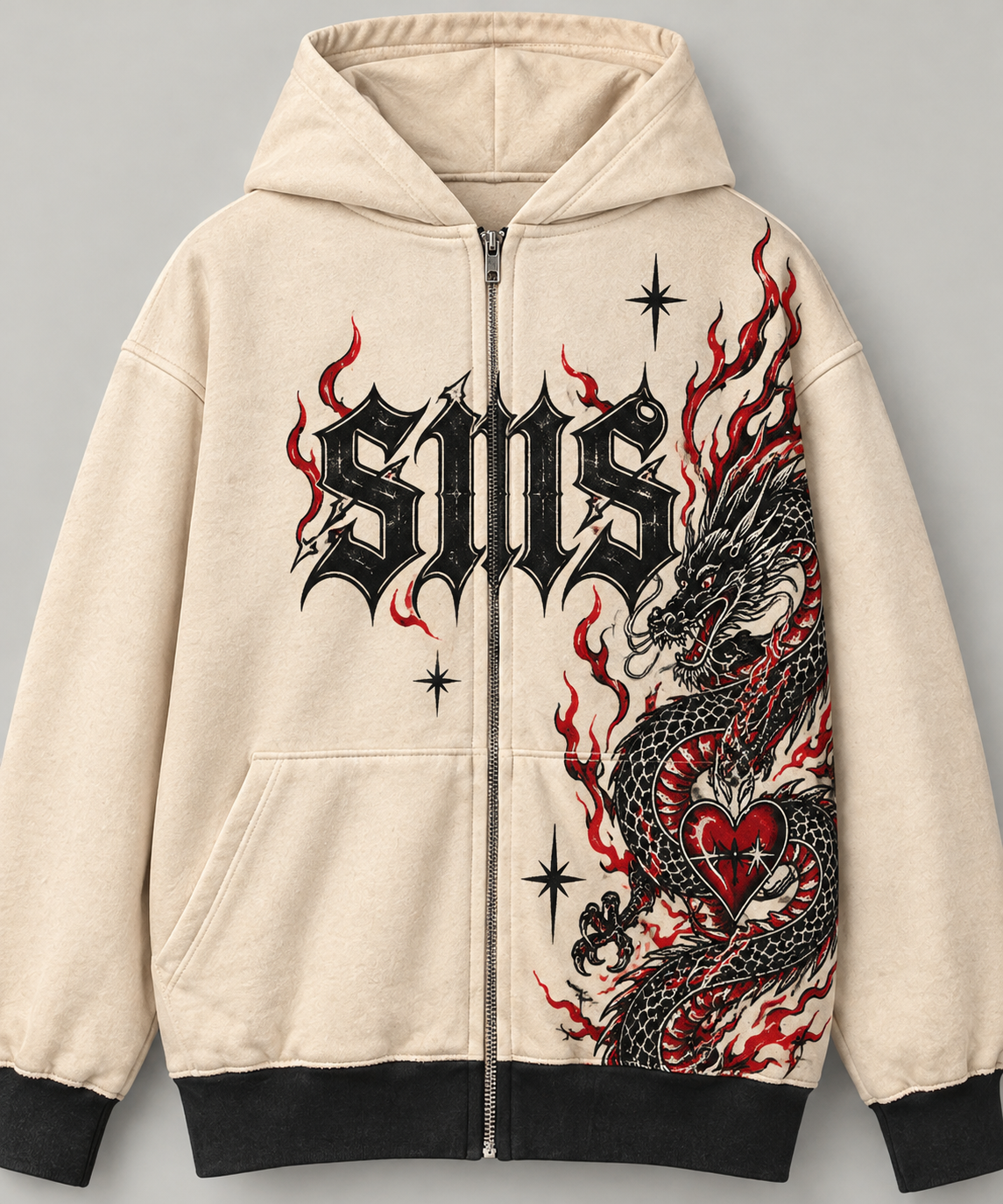 Ivory Serpent Graphic Zip-Up Hoodie